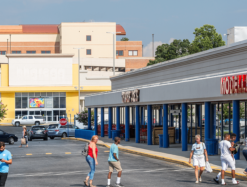 Mall parking lot with shoppers