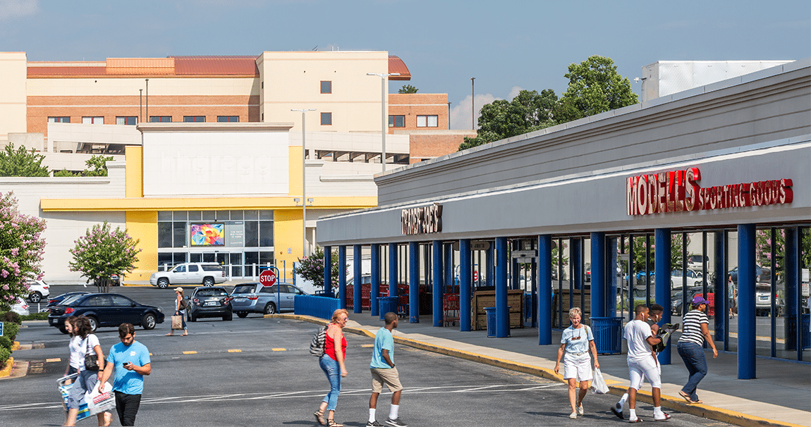 Mall parking lot with shoppers