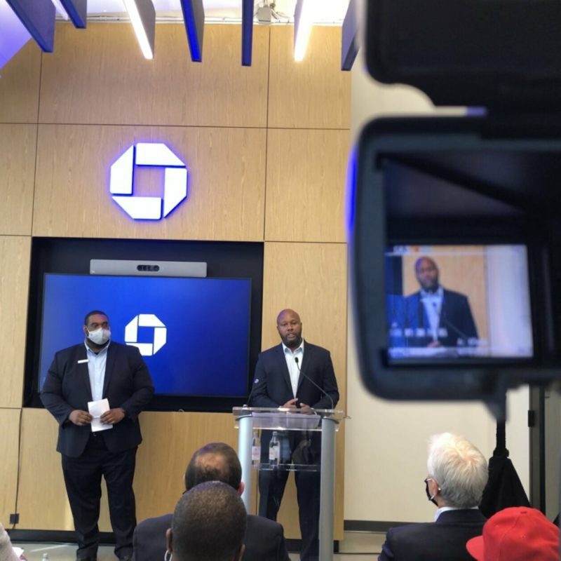 Brian Atkins speaks during the opening of the Chase Innovative Branch in Skyland Town Center