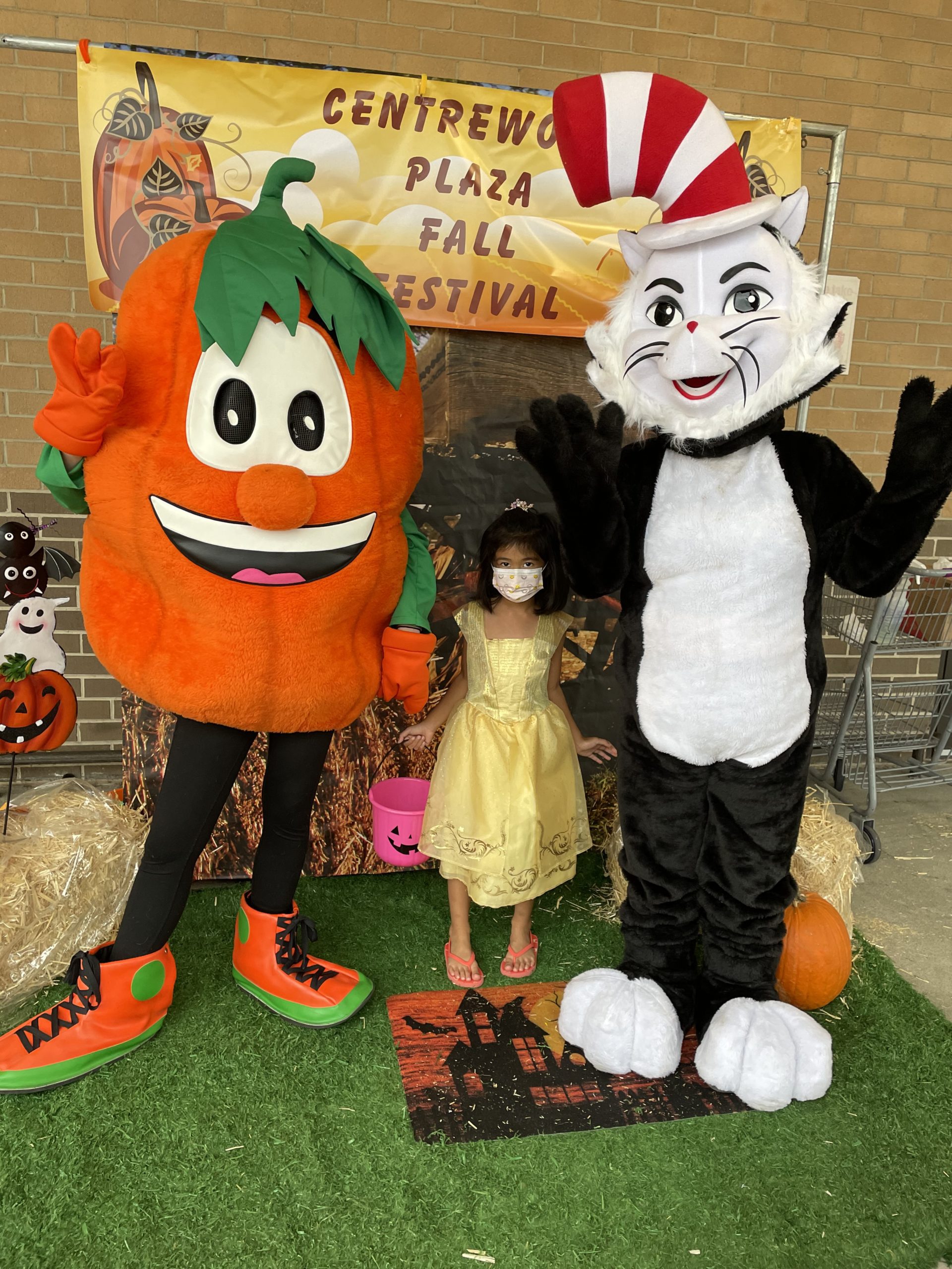 Kid with dressed up characters the cat in the hat and pumpkin