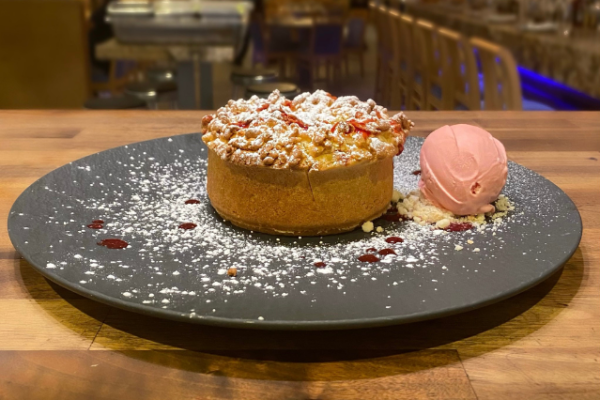 clarity_retailer_4 Blueberry Pie dessert with blueberry filing, vanilla lemon souffle, blueberry sauce and raspberry ice cream